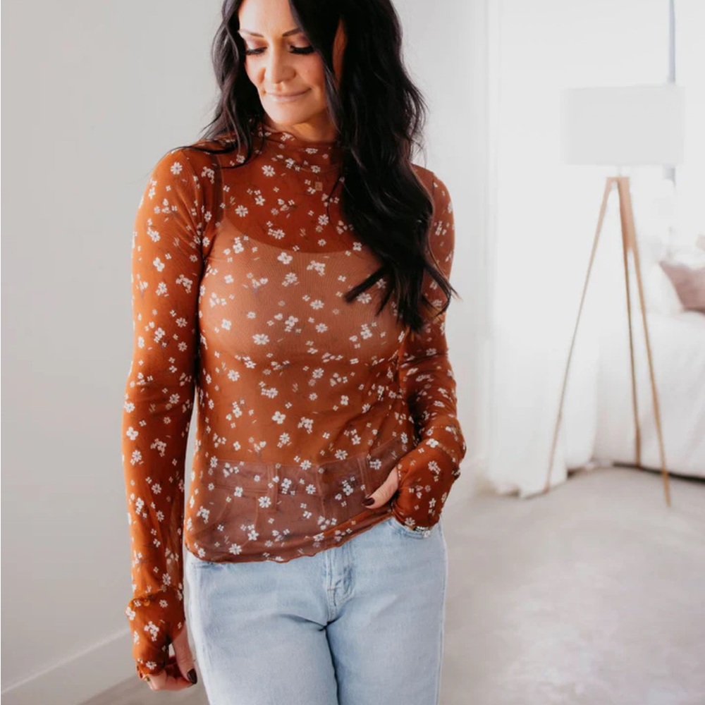 Floral Sheer Long Sleeve Top - Brown/orange